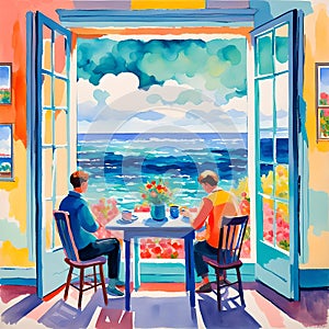 Watercolor, two people sitting at the table in front of the window open to the tranquil sea, among colored flowers and plants