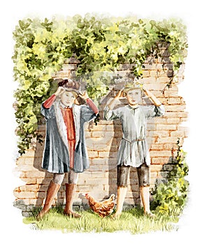 Watercolor two teenage boys Prince and Pauper changing clothes