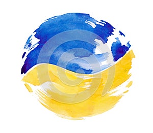 Watercolor Ukraine flag. Round background. Signs and Symbols. Flags
