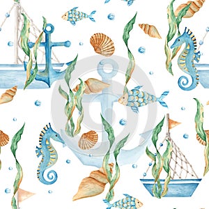 Watercolor under the sea hand drawn seamless pattern with cute ship, boat, fishes, seahorse, nautical anchor, seaweeds