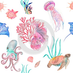 Watercolor under sea, seamless pattern.