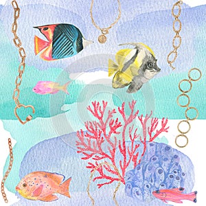Watercolor under sea, seamless pattern.