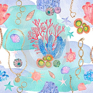 Watercolor under sea, seamless pattern. Colorful watercolor corals and shells. Textile print.