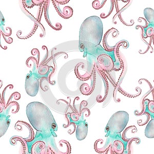 Watercolor under sea, seamless pattern. Colorful watercolor octopus. Textile print.