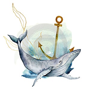 Watercolor underwater card with blue whale. Hand painted composition with anchor and golden laminaria isolated on white