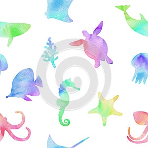 Watercolor underwater color fishes and animals shapes seamless pattern on white background