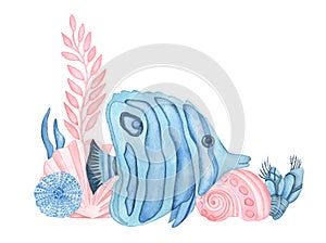 Watercolor Underwater composition with blue fish, sea shells, algae, sea urchin and corals