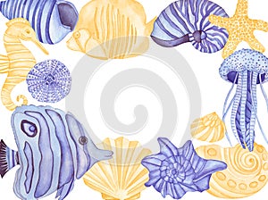 Watercolor Underwater creatures Frame. Violet Fish, Sea Shells, Sea horse and Jelly Fish