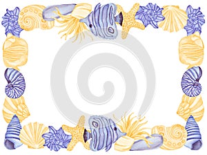 Watercolor Underwater creatures Rectangle Frame. Violet Fish, Sea Shells, Sea horse and Jelly Fish