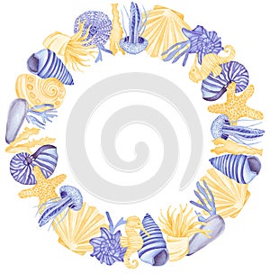 Watercolor Underwater creatures Round Frame. Violet Fish, Sea Shells, Sea horse and Jelly Fish