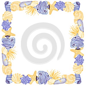 Watercolor Underwater creatures Square Frame. Violet Fish, Sea Shells, Sea horse and Jelly Fish