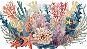 Watercolor underwater floral bouquet with corals and starfish, hand drawn illustration on white background, generative Ai