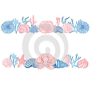 Watercolor Underwater Pink Blue Border with Octopus, fish, sea horse, sea shells, algae, corals and stones