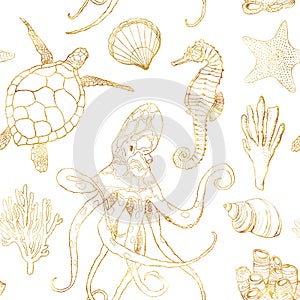 Watercolor underwater seamless pattern. Hand painted golden octopus, turtle, seahorse, laminaria, shell and coral reef