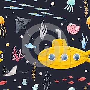 Watercolor underwater submarine vector pattern photo