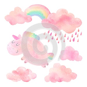 Watercolor unicorn and clouds with rain and rainbow