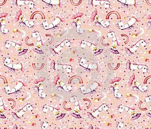 Watercolor unicorn cute seamless pattern. Fantasy cartoon pink illustration. Abstract background T