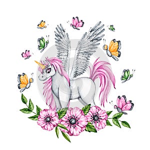 Watercolor unicorn with flowers and butterflies on a white background