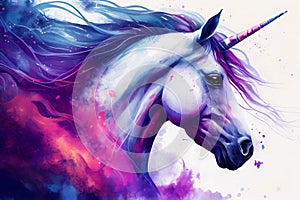 Watercolor unicorn with nebula dust background. Generative ai design