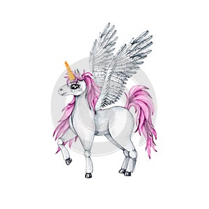 Watercolor unicorn - pegasus with horn and wings
