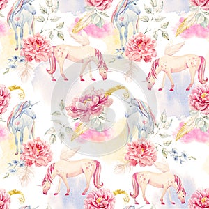 Watercolor unicorn and pegasus pattern