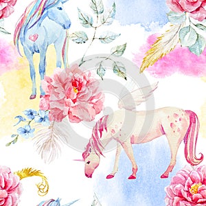 Watercolor unicorn and pegasus pattern