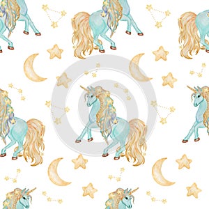 Watercolor unicorn seamless pattern, fairy character background, baby decor, unicorn seamless pattern