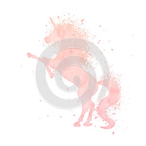 Watercolor unicorn silhouette painting with splash texture isolated on white background