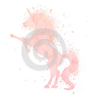 Watercolor unicorn silhouette painting with splash texture isolated on white background. Cute illustration.