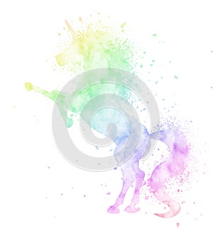 Watercolor unicorn silhouette painting with splash texture isolated on white background. Cute magic creature illustration