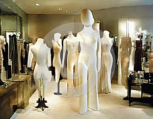 Watercolor of Upscale boutique interior with mannequins