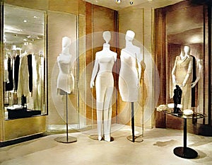 Watercolor of Upscale boutique interior with mannequins