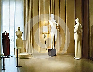 Watercolor of Upscale boutique interior with mannequins