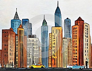 Watercolor of urban city skyline with pop art style photo