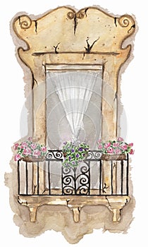 Watercolor urban composition, postcard with decorative florals and architecture, old town, wooden door clipart, Provence design