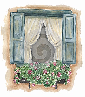 Watercolor urban composition, postcard with decorative florals and architecture, old town, wooden door clipart, Provence design
