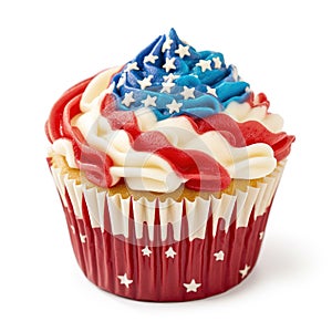 Watercolor USA Flag cup Cake, Happy 4th of July isolated on white Background.