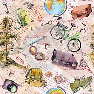 Watercolor vacation travel design in vintage style. Adventure seamless pattern with hand written notes, post letters