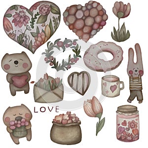 watercolor valentinas day set heart bear rabbit
