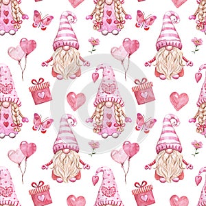 Watercolor cute gnomes couple seamless pattern. Valentines day themed design. Hand drawn Nordic elf print. Pastel pink color