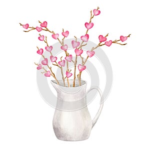 Watercolor Valentine's day decor illustration. Hand painted white pitcher with wood branches decorted with pink hearts