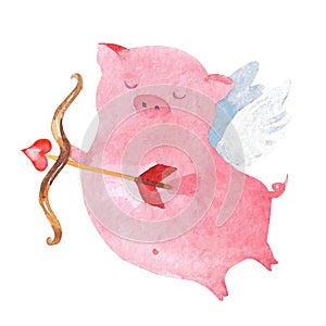 Watercolor Valentine's day pig. Piglet with Cupid bow.