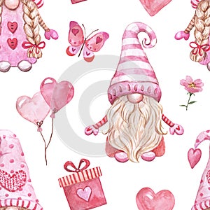 Watercolor cute Valentine gnomes couple seamless pattern. Valentine`s day themed design. Hand drawn Nordic elf print.