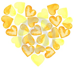 Watercolor Valentine's Yellow Orange Love Gentle Hearts composition