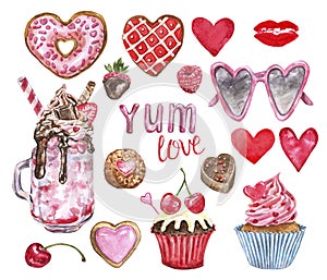 Watercolor Valentines day desserts set, isolated. Hand painted treats. Cupcakes, ice cream float, sugar cookies, doughnut