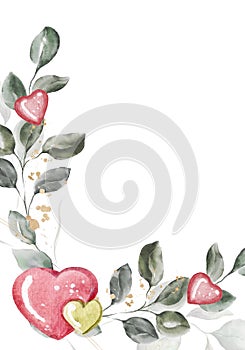 Watercolor Valentines Day frame with hearts and greenery leaves isolated on white background. Floral frame bohemian boho