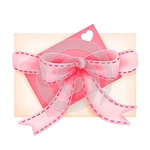 Watercolor valentines day gift box with pink love letter and pink bow ribbon clipart