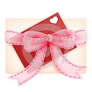 Watercolor valentines day gift box with red love letter and pink bow ribbon clipart