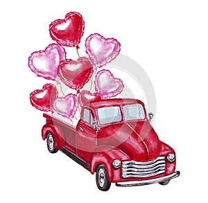 Watercolor Valentines day hand drawn illustration of red retro car with red and pink heart shaped balloons. Isolated on