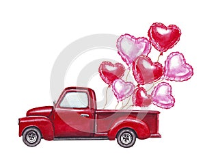 Watercolor Valentines day hand drawn illustration of red retro car with red and pink heart shaped balloons. Isolated on